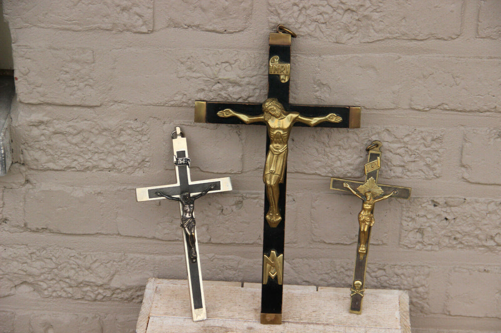 Set 3 antique french religious metal wood crucifix
