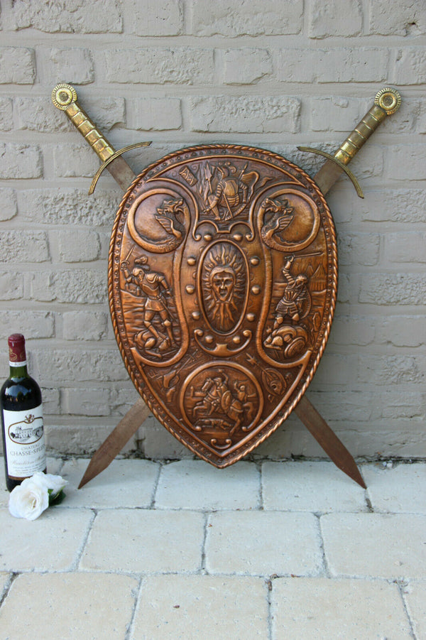 Vintage French Wall armor Shield Copper relief Dragon Battle scene 1960