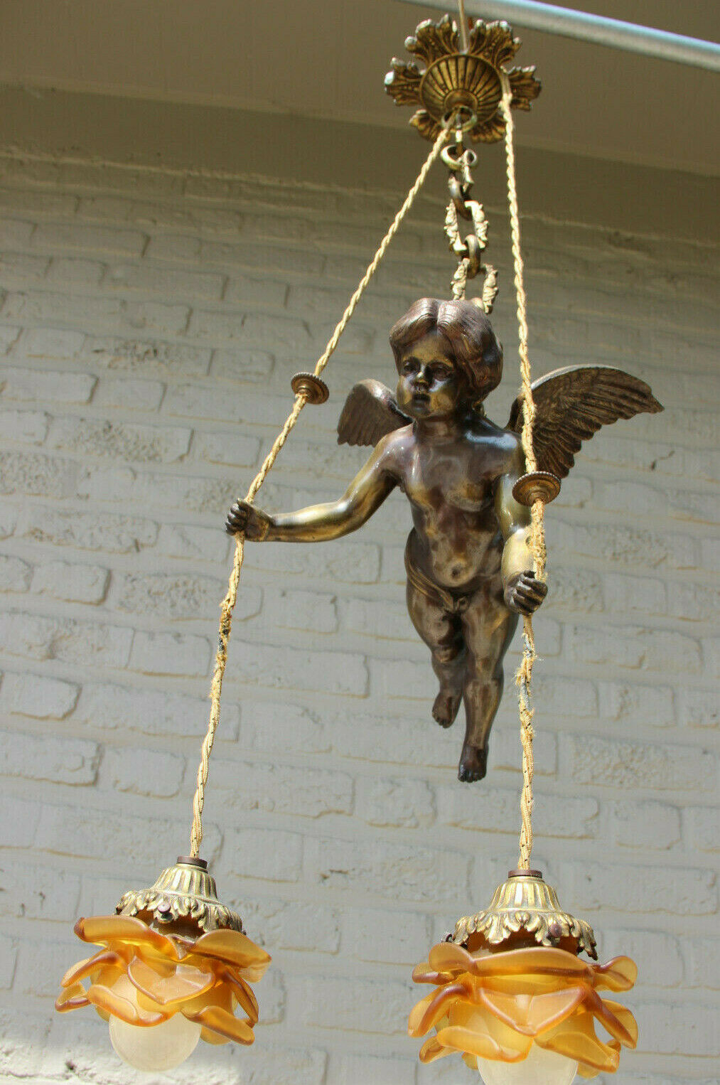 Antique French bronze angel putti pendant chandelier amber tulip shades 1900