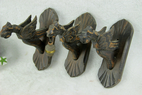 SET 3 Wood carved french dragon gothic Wall lights sconces 1960