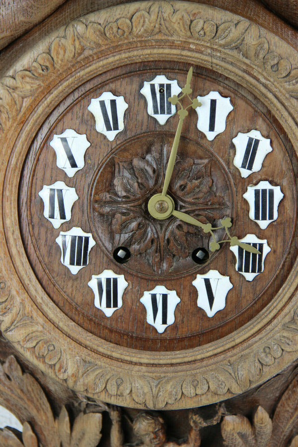 RARE Antique BLACK FOREST wood carved mermaids putti caryatid clock German