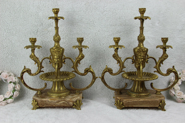 PAIR French empire bronze marble lion swan animal candle holders candlestick