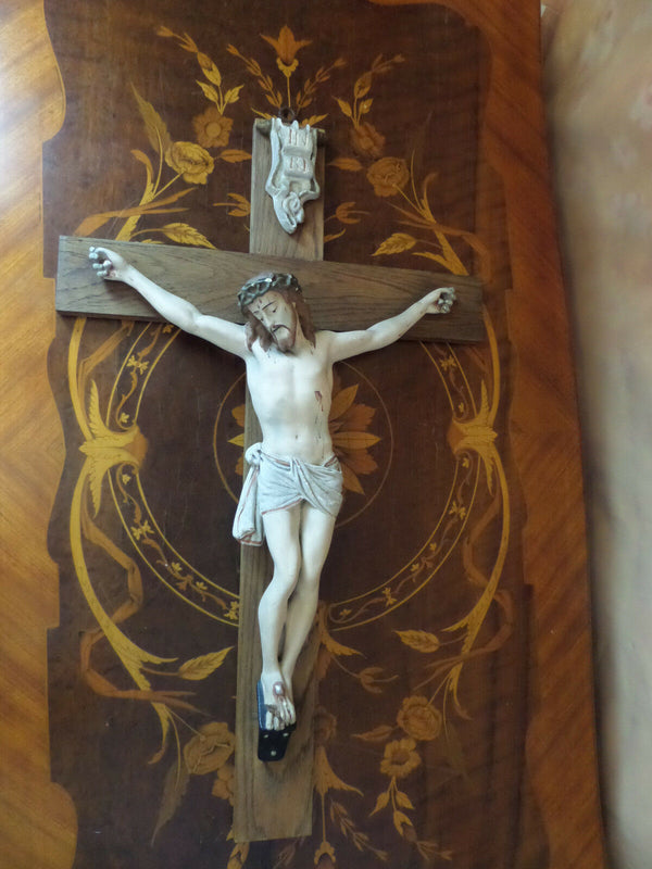 19thc FRENCH Rare Crucifix polychrome french stone biscuit christ wood cross 25
