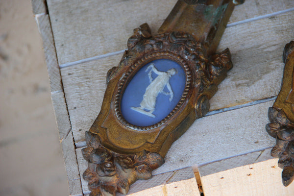 PAIR antique french bronze wegdwood porcelain plaque sconces wall lights