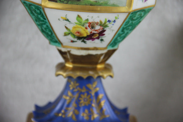 RARE PAIR antique 19thc Vieux paris porcelain scenes floral  Vases swan handles