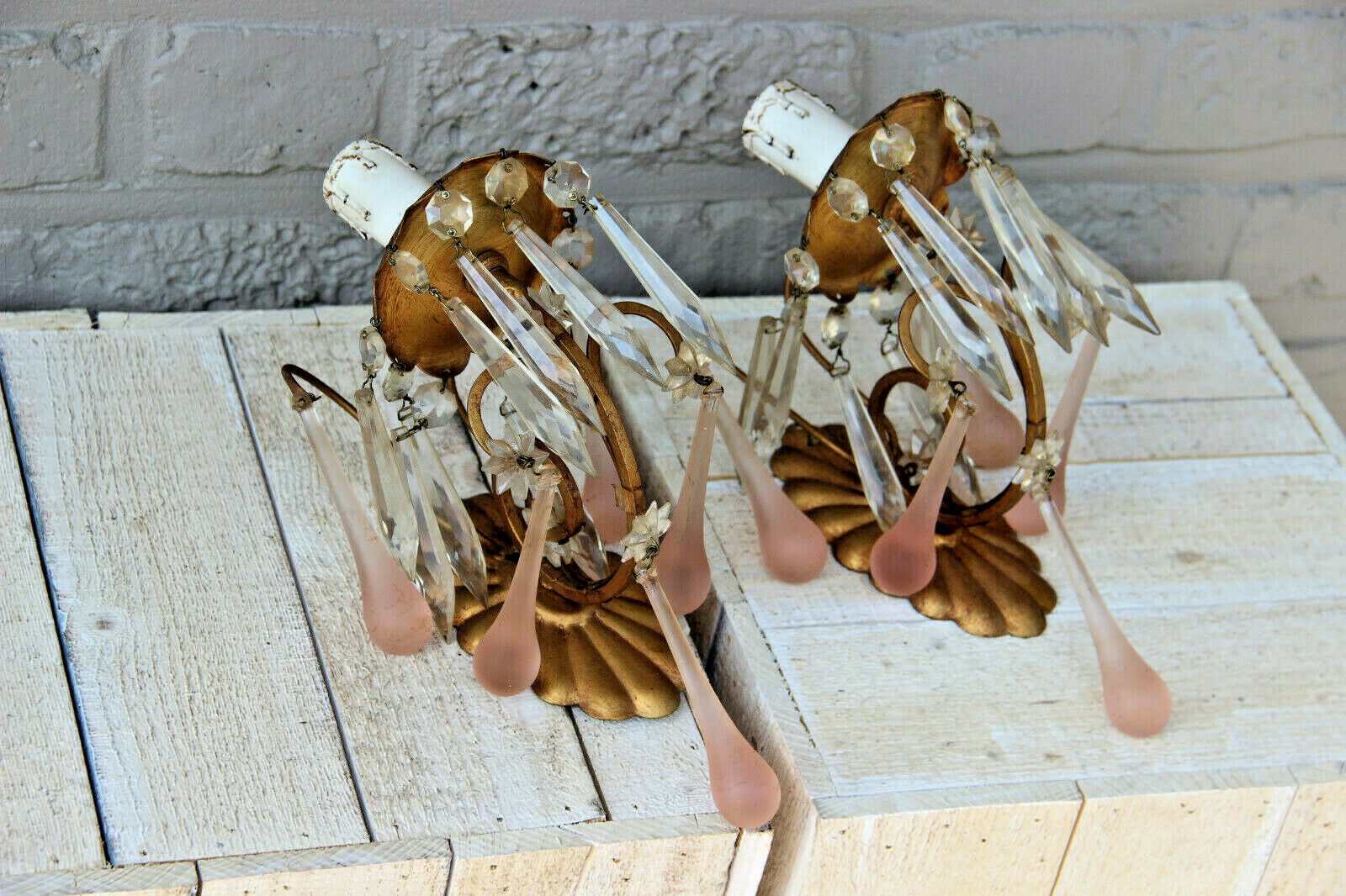 PAIR 1960 Italian wall lights sconces pink murano drops crystal pendants