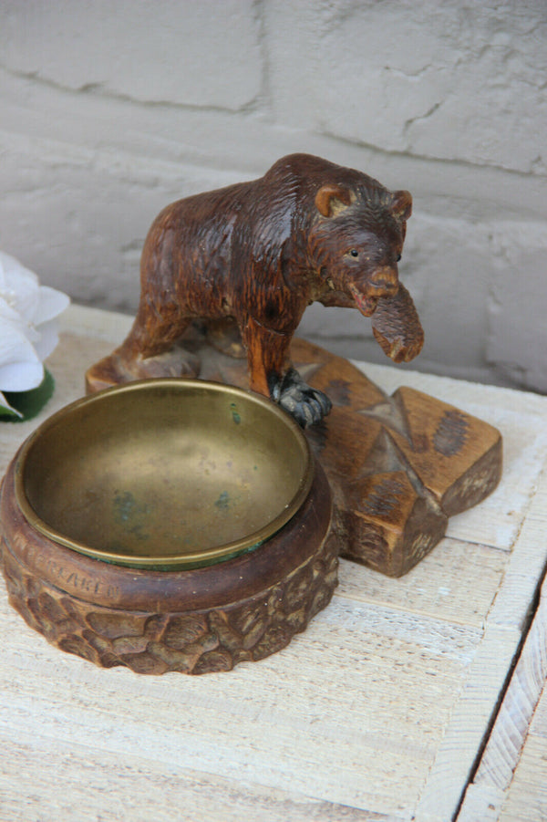 Antique hand Black forest wood carved swiss bear statue ashtray