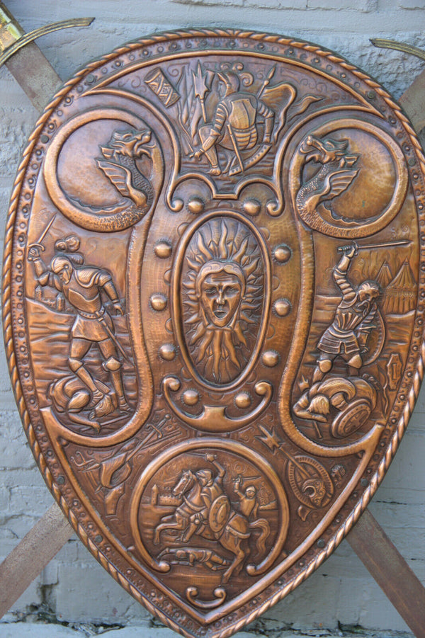 Vintage French Wall armor Shield Copper relief Dragon Battle scene 1960
