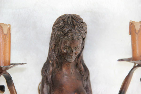 PAIR Vtg french art nouveau naked lady Caryatid Wall lights sconces wood patina