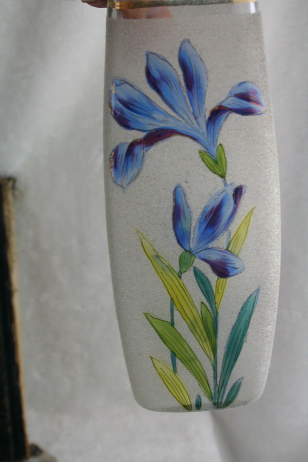 French art nouveau frosted glass enameled vase floral decor