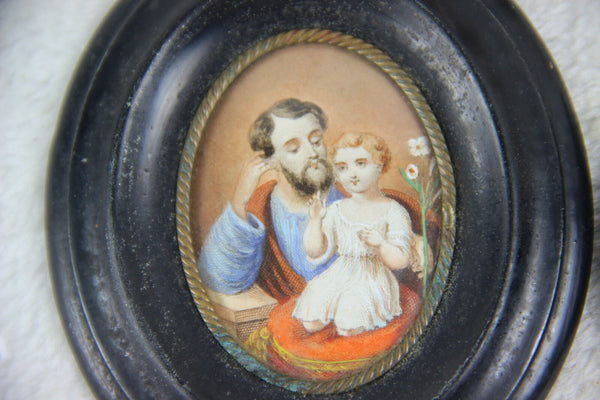 PAIR antique 1900 Miniature portrait holy family jesus mary joseph religious