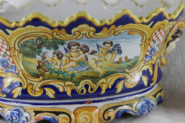 Gorgeous antique FRENCH MONTAGNON faience de nevers Planter jardiniere putti