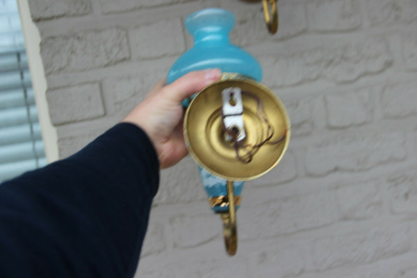 PAIR French vintage opaline Blue glass  turquoise Wall lights sconces romantic