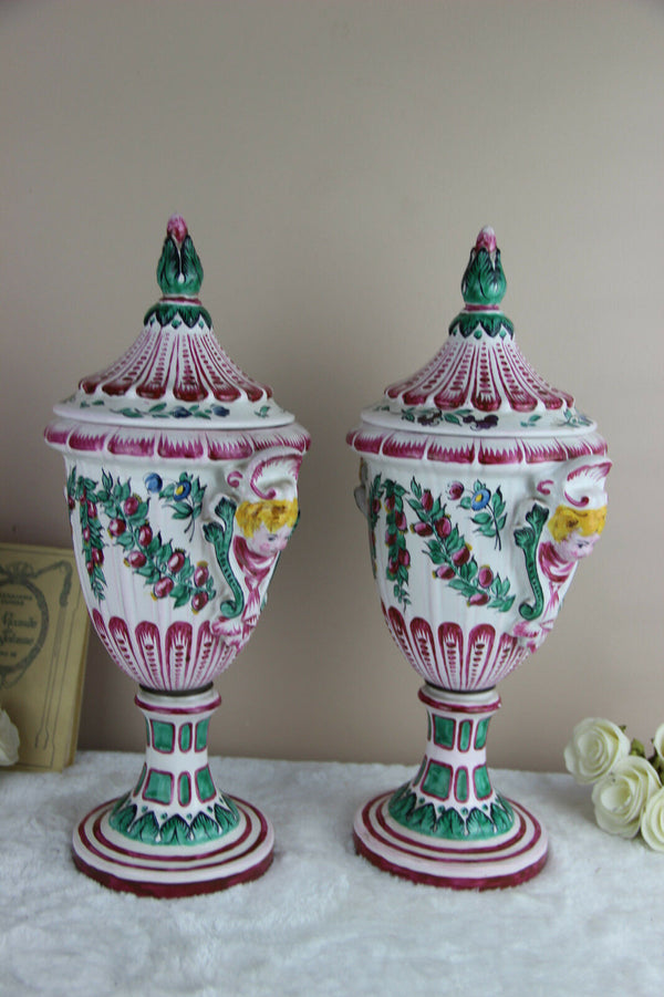 RARE PAIR faience de l'est Strasbourg Normandie Vases putti heads floral 1920
