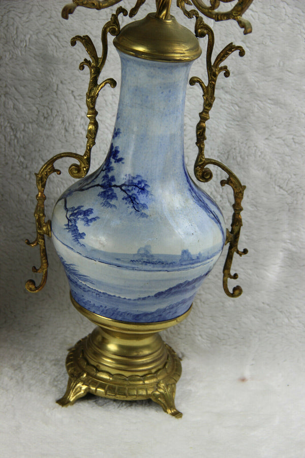 PAIR delft blue white faience Candelabras candle holder mill landscape