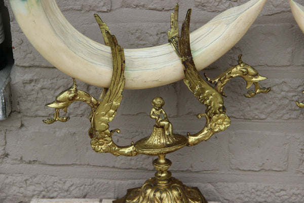 RARE pair Bronze antique Cornucopia horn dragon gothic castle putti statue