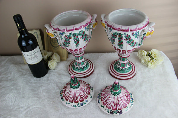 RARE PAIR faience de l'est Strasbourg Normandie Vases putti heads floral 1920