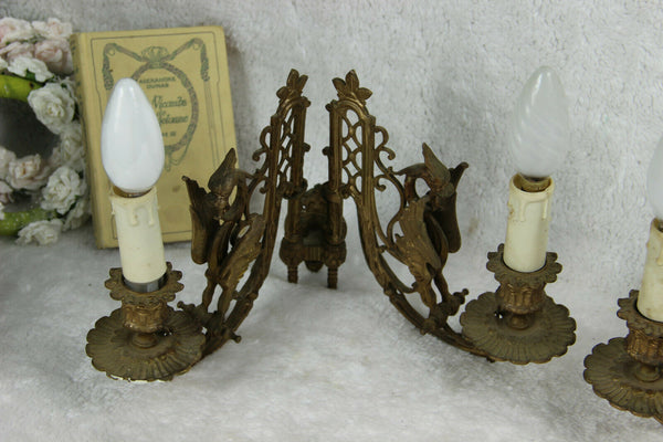 Antique French bronze Gothic Castle Dragon piano Wall lights sconces
