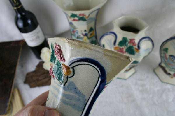 Antique Vases French Set 5 polychrome pottery QUIMPER Vases