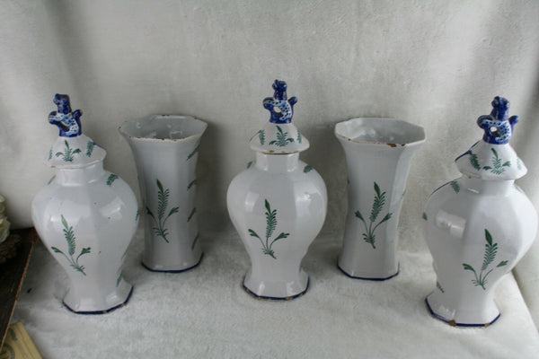 RARE antique dutch Mantle garniture Set 5 Pottery Delft polychrome Vases