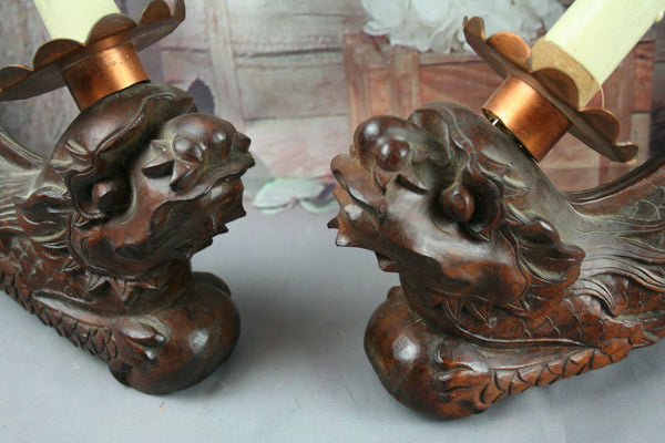 Exclusive XL Pair Chinese Foo Dogs sconces wood carved lamps 19th c dragons