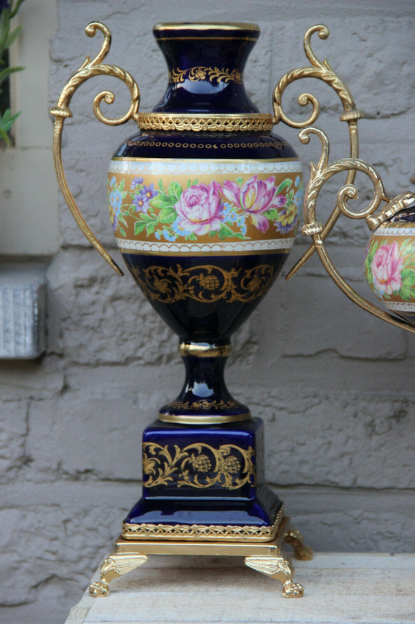 French set of 3 porcelain limoges centerpiece bowl with vases floral decor 1960