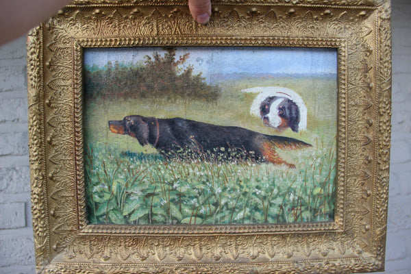 PAIR Antique oil canvas paintings hunting dogs field signed 1914