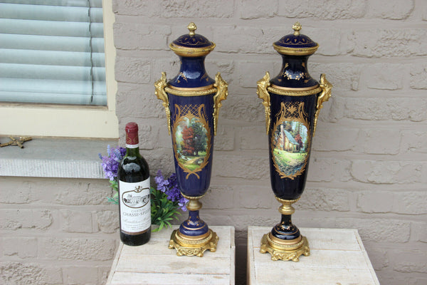 XL pair French limoges porcelain romantic scene caryatid heads Vases