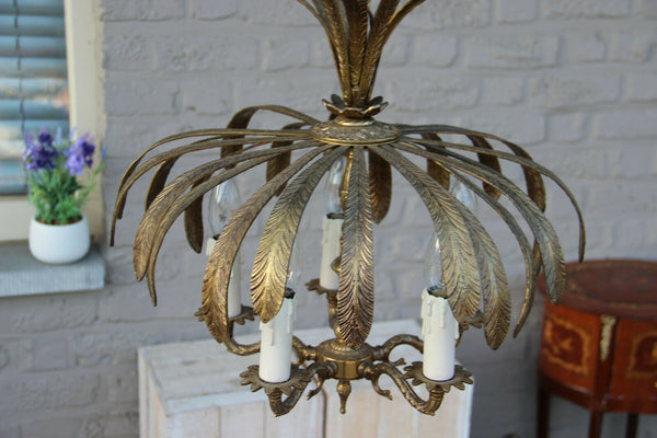 French Vintage 1970 Palm tree metal brass Chandelier 5 arms attr. maison jansen