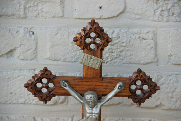 Antique French wood carved neo gothic Crucifix religious altar piece christ