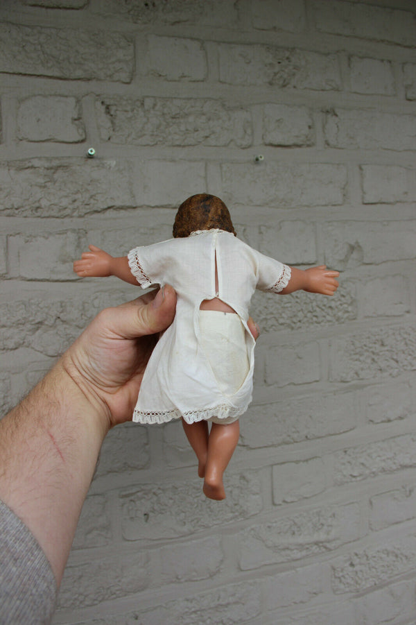 Antique Religious christmas nativity baby jesus child wax figurine box straw