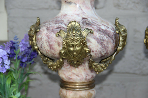 PAIR top antique French marble Urns Vases bronze Caryatid heads