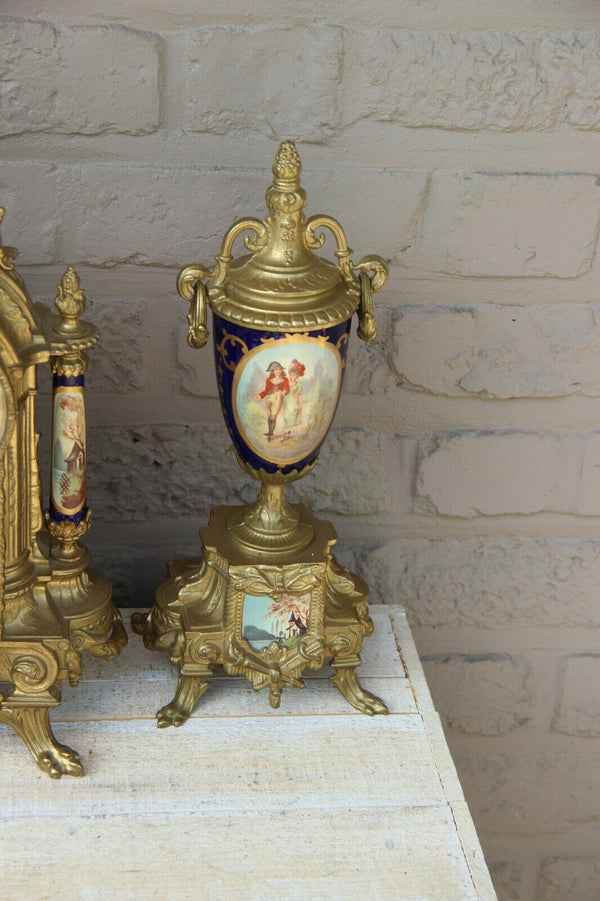 Gorgeous French Porcelain victorian scene Clock set candelabras urns FHS