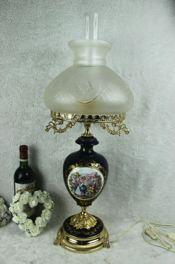 XL French limoges porcelainTable lamp glass shade 1960