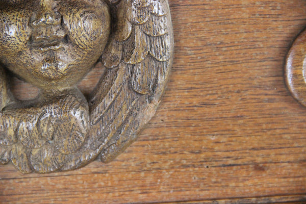 Antique Flemish wood oak carved coat rack wall putti heads 1930