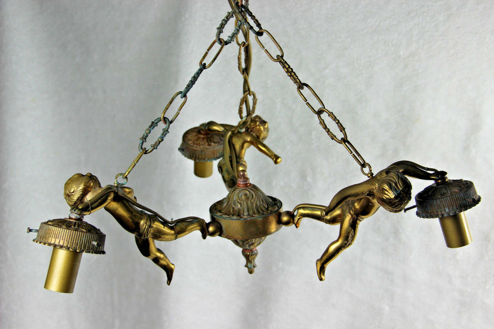 French Angel putti cherubs 3 arms chandelier pendant bronze 1960