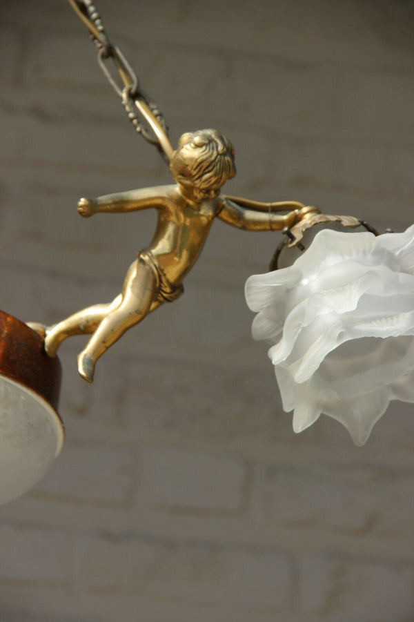 French Mathieu signed bronze glass 3 putti angels chandelier pendant