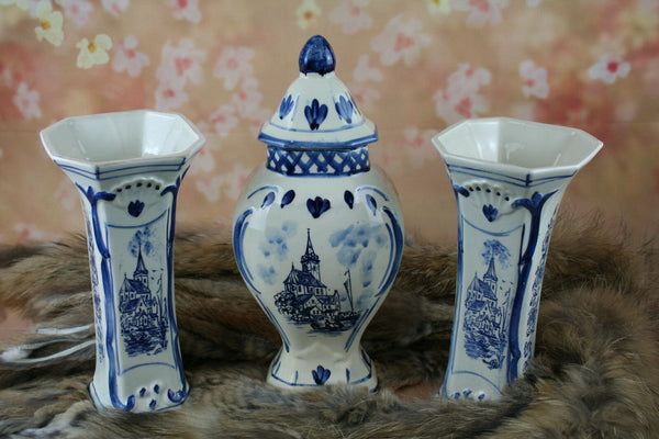 DELFT Dutch porcelain  Mantel set garniture VASES ( 3 pcs ) all marked