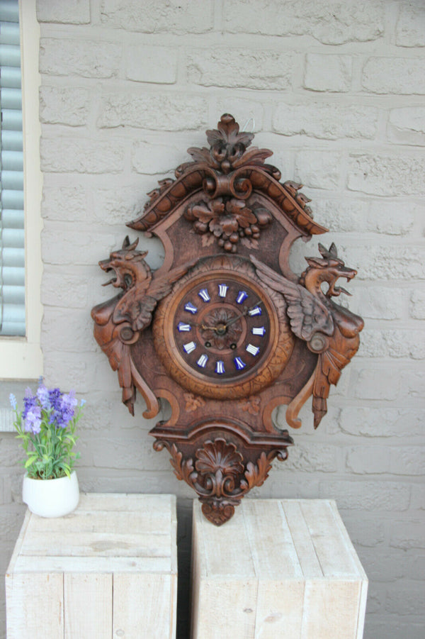 Antique Black forest wood carved dragon Griffin gothic castle clock rare
