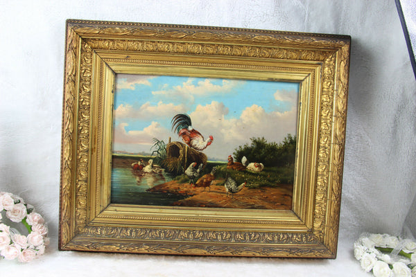 German school 1900s Oil panel painting chickens rooster poultry scene