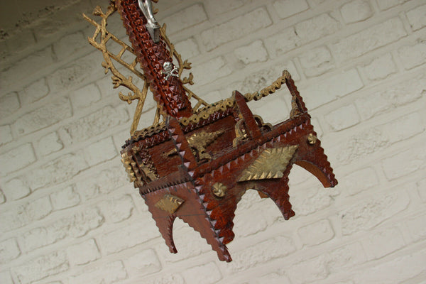 Antique French Tramp art wood carved Crucifix statue religious