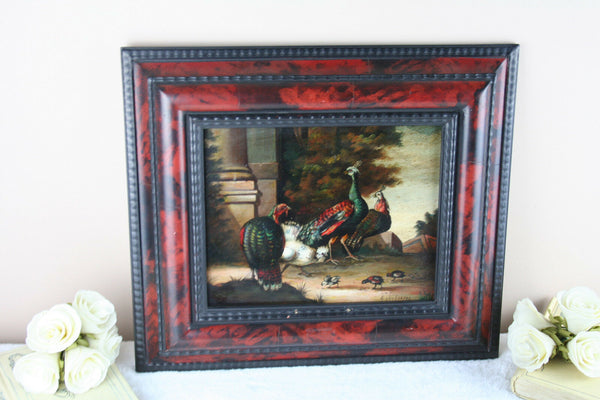 ALBERTUS VERHOESEN Dutch listed artist oil copper peacock chicken painting