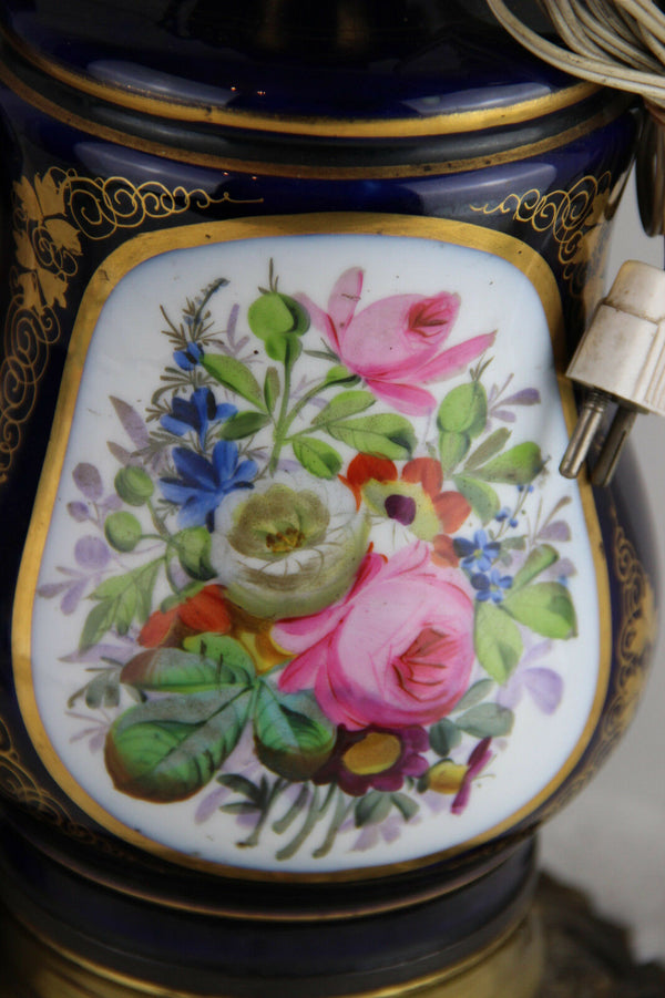 Antique French Limoges blue porcelain oil petrol lamp romantic scene floral