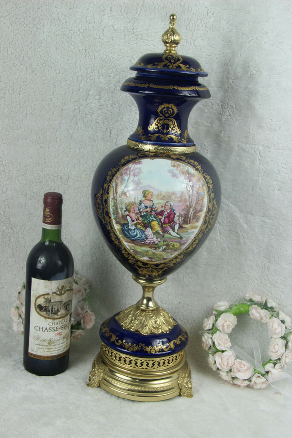 XL French Limoges blue romantic victorian Vase satyr devil heads base