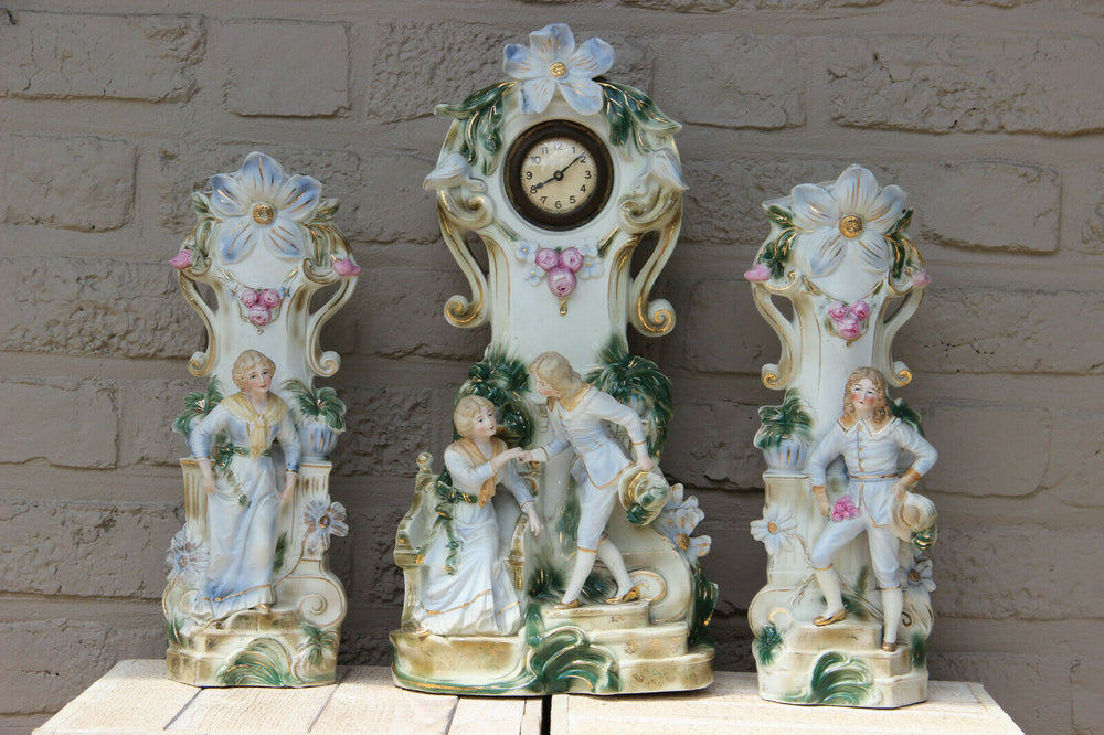 Vintage German porcelain bisque romantic  figurines Clock set Vases