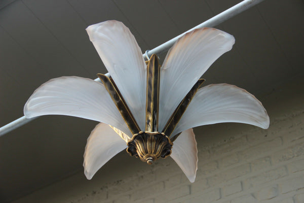 French art deco 6 Glass frost Shells brass metal Chandelier pendant