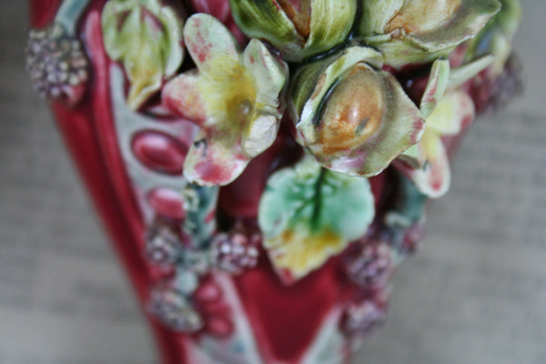 Antique French 1900 art nouveau Barbotine Majolica Vases Set center piece