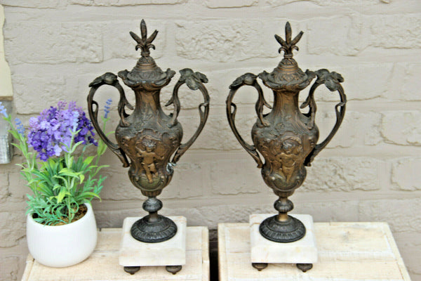 Antique French spelter bronze patina pair urns Vases putti angel marble base