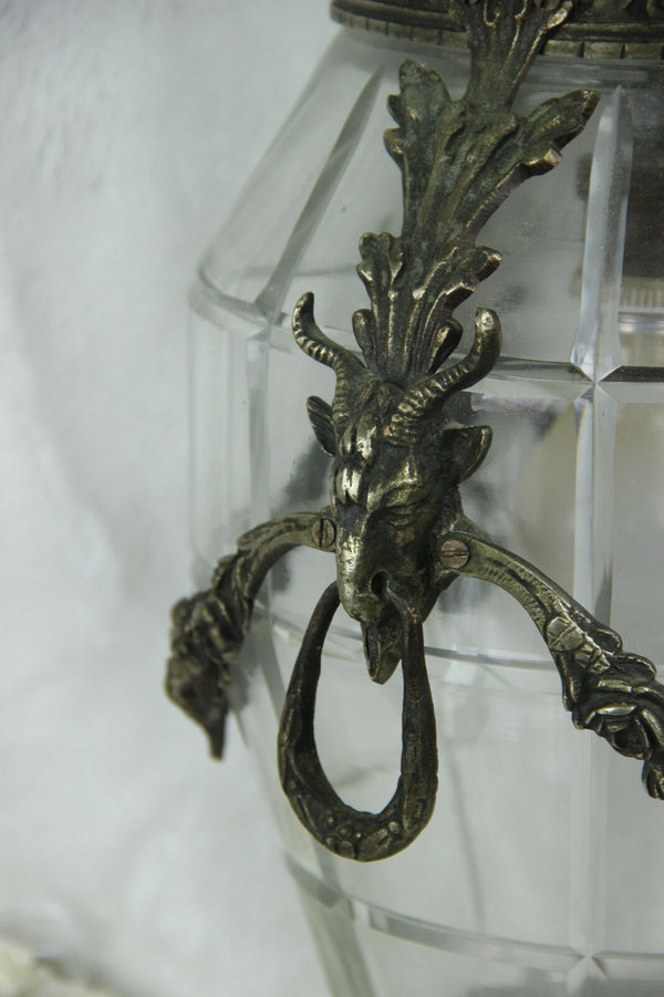 Antique Belgian Bronze Val saint lambert crystal glass chandelier lantern ram