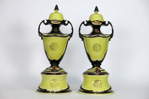 PAIR HUGE England Faience Romantic victorian Lidded VASES putti